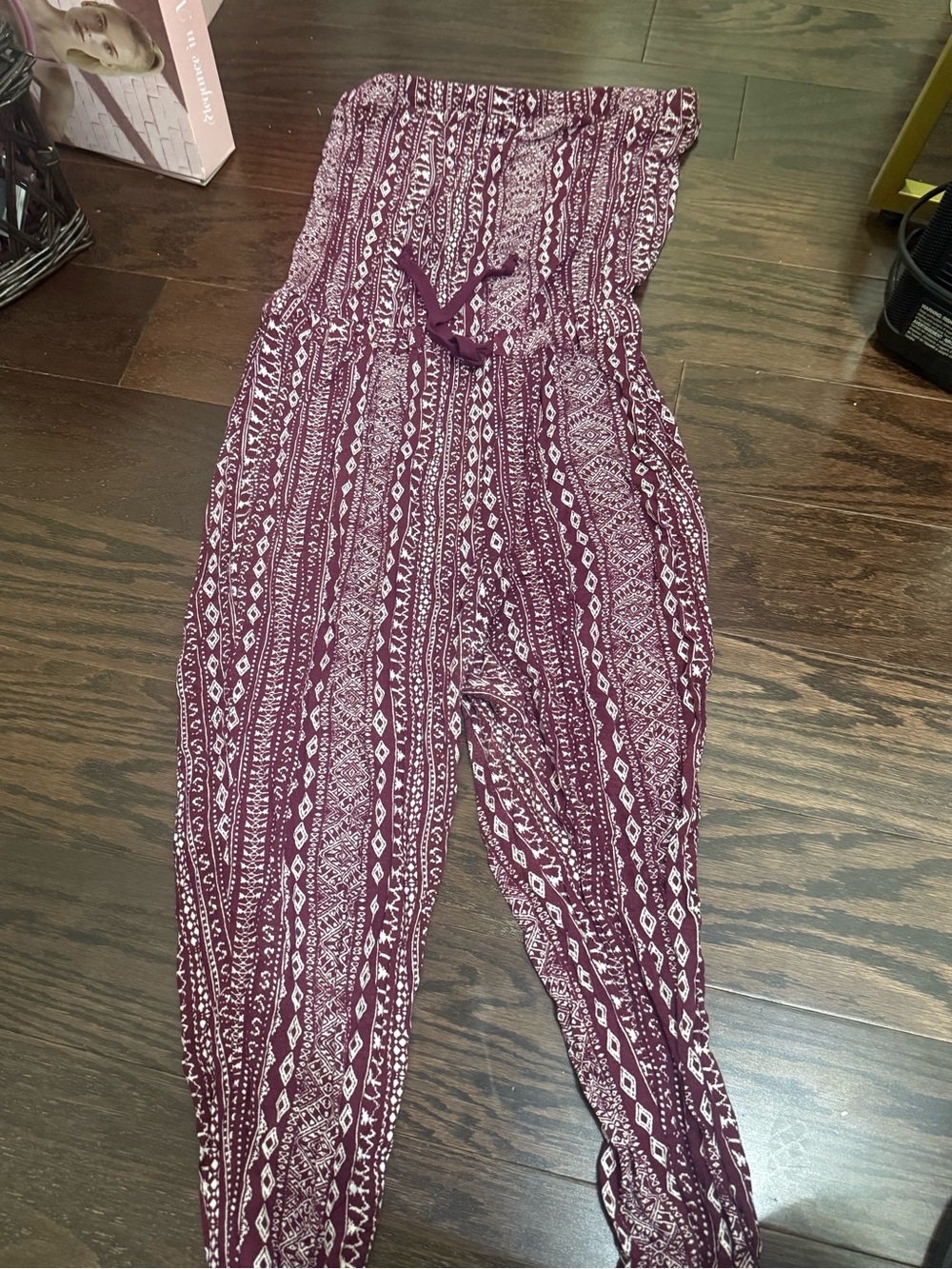 Ambiance Maroon and White Printed Strapless Jumpsuit